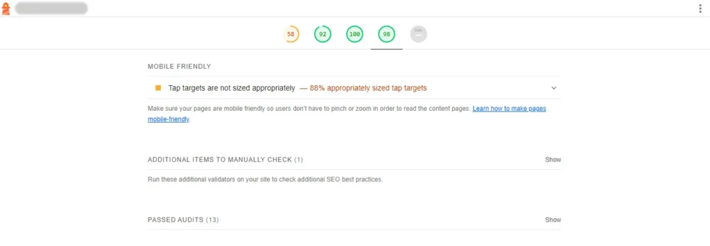 mobile friendly section sur l'intrface de l'outil lighthouse