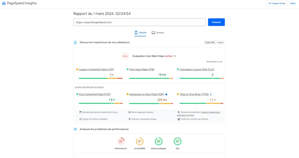 rapidité du site sur l'outil page speed insights 