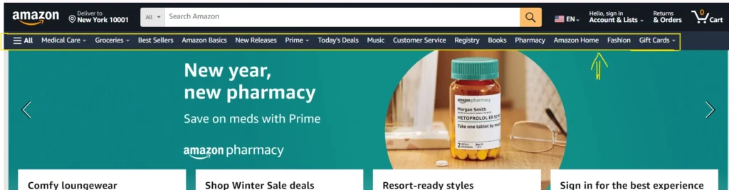 Liens de navigation sur le site Amazon
