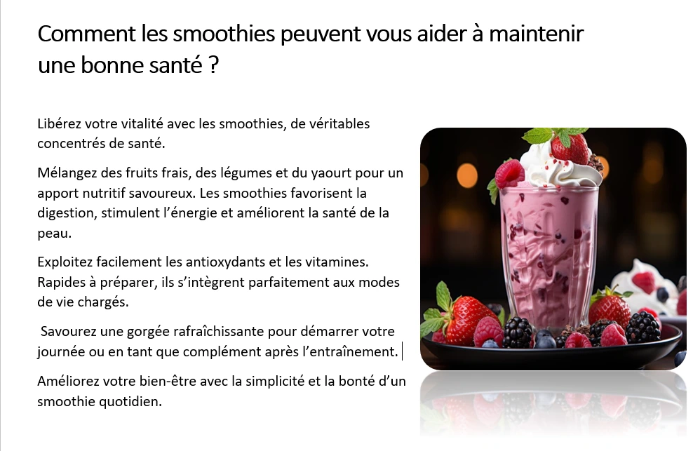Smoothie frais à droite, paragraphe optimisé à gauche.