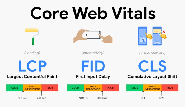 Les trois éléments clés des Core Web Vitals : CLS, FID et LCP.