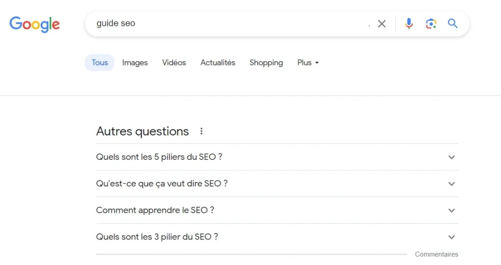 Capture d'écran de la barre des questions aussi demandées (People Also Ask - PAA) sur la requête "le guide SEO".