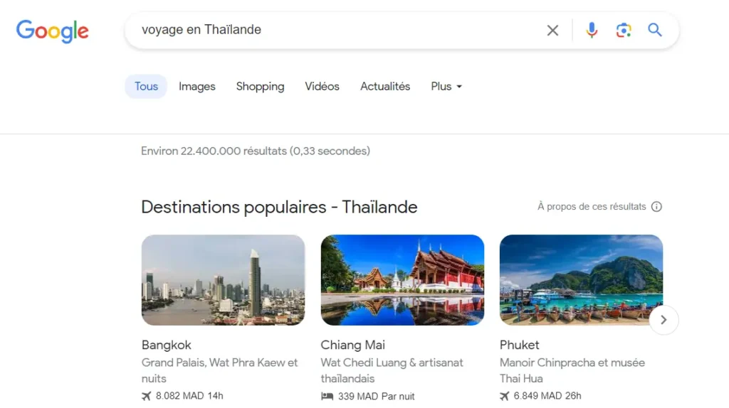 Capture d'écran illustrant une intention informationnelle, barre de recherche affichant une requête liée à des informations de voyage en Thaïlande.