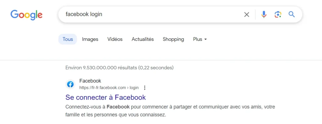 Capture d'écran illustrant une intention de recherche navigationnelle sur Google. La barre de recherche affiche 'facebook login'