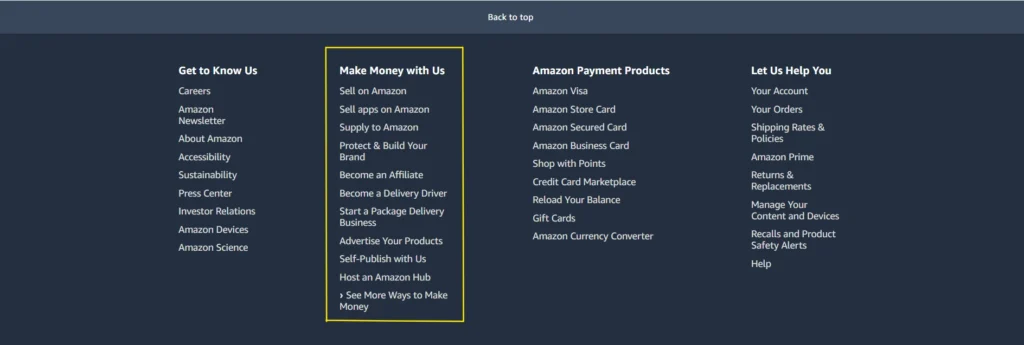 Liens de bas de page sur le site d'Amazon