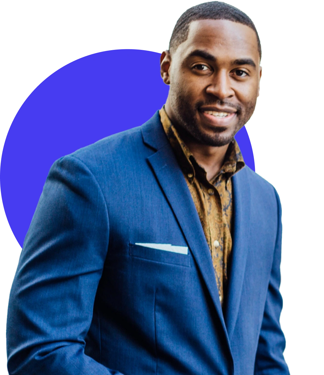 Professional headshot of a smiling man in a blue suit and patterned shirt against a purple and blue circular graphic background.