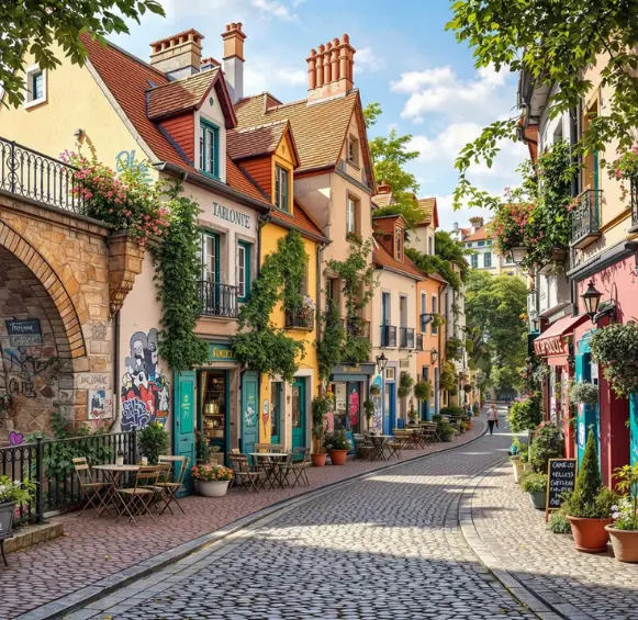 Une ruelle pavée pittoresque bordée de maisons traditionnelles colorées, de petites boutiques et de terrasses de café accueillantes.