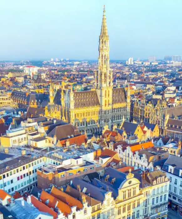 Vue panoramique élevée du paysage urbain de Bruxelles au coucher du soleil, avec la flèche distincte de l'Hôtel de Ville s'élevant au centre de la vieille ville.