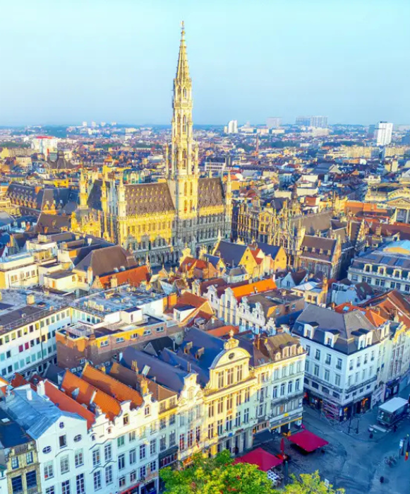 Vue panoramique élevée du paysage urbain de Bruxelles au coucher du soleil, avec la flèche distincte de l'Hôtel de Ville s'élevant au centre de la vieille ville.
