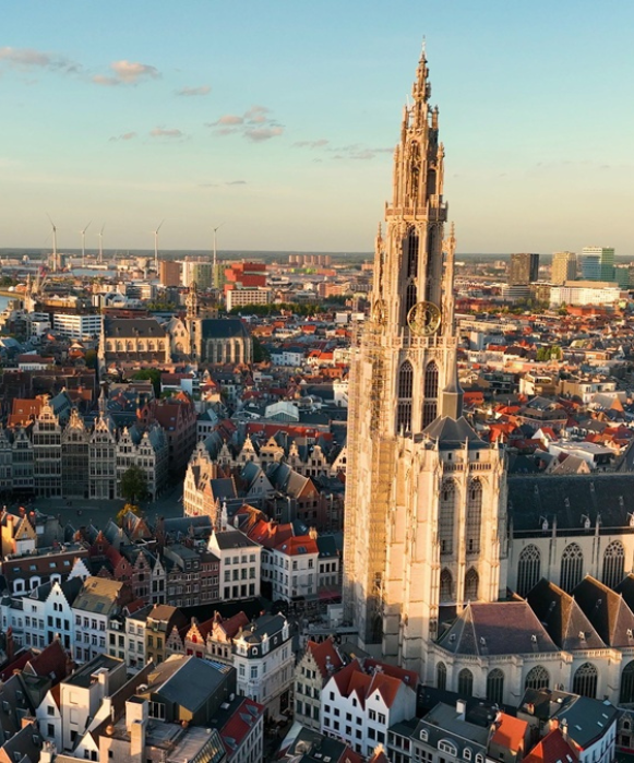 Vue en hauteur de l'horizon d'Anvers à l'heure dorée, un panorama stratégique pour une agence SEO Anvers, dominée par la majestueuse flèche gothique de la cathédrale Notre-Dame s'élevant au-dessus des toits historiques.